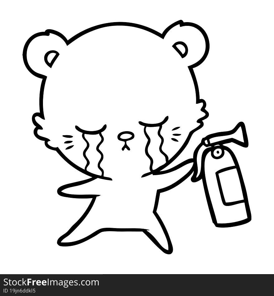 crying cartoon bear with fire extinguisher. crying cartoon bear with fire extinguisher