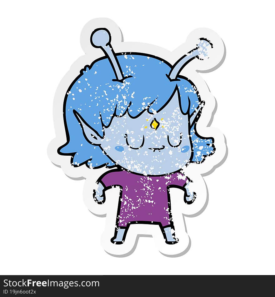 distressed sticker of a cartoon alien girl