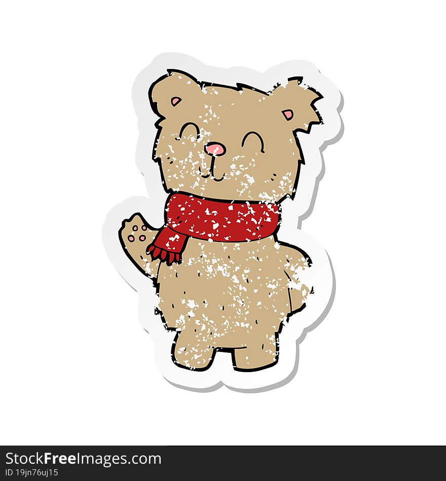 retro distressed sticker of a cartoon waving teddy bear