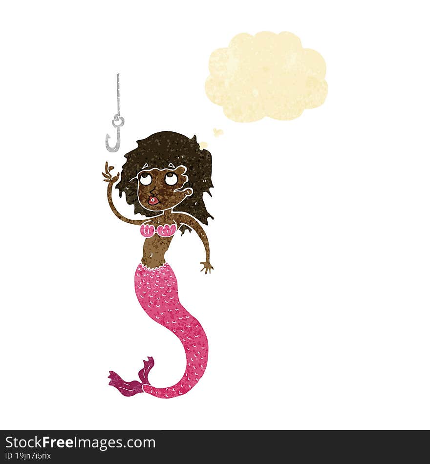 cartoon mermaid and fish hook with thought bubble