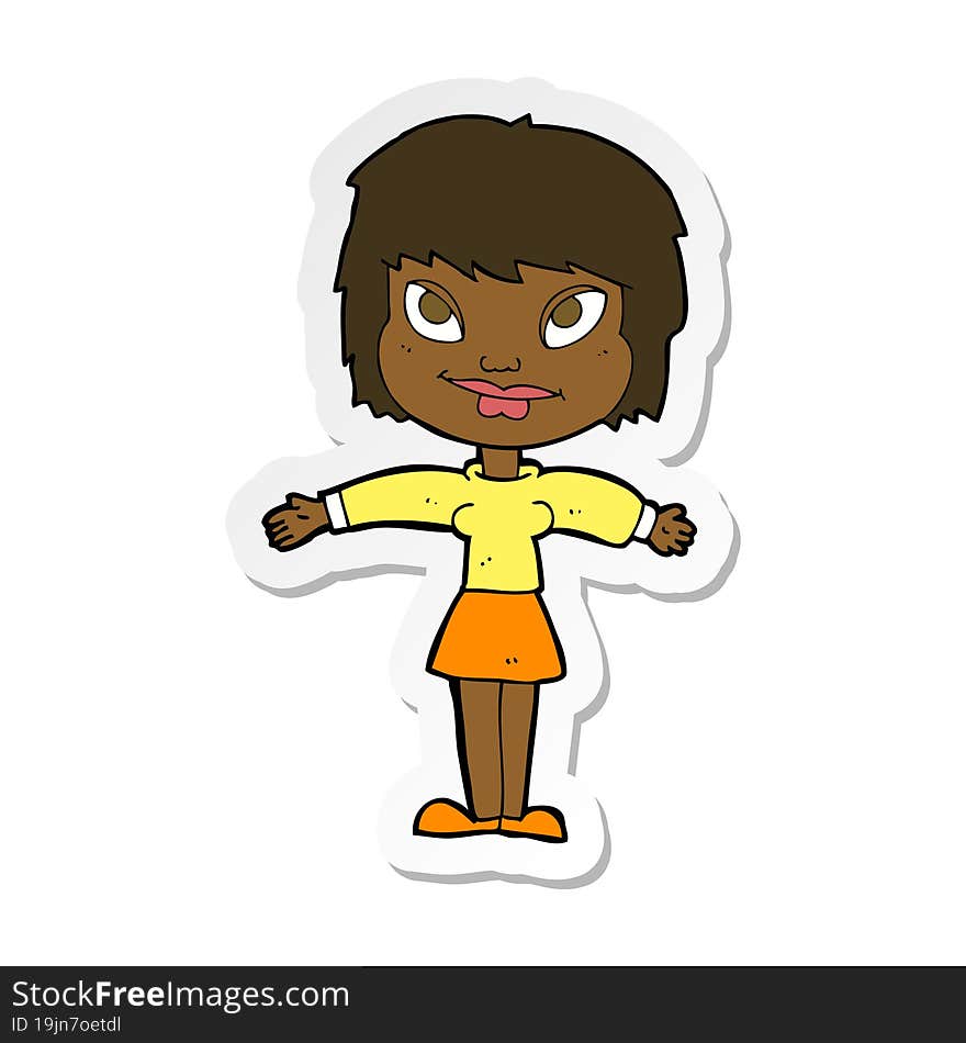 sticker of a cartoon woman with open amrs