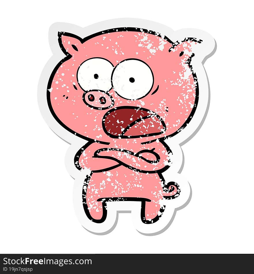 distressed sticker of a cartoon pig shouting