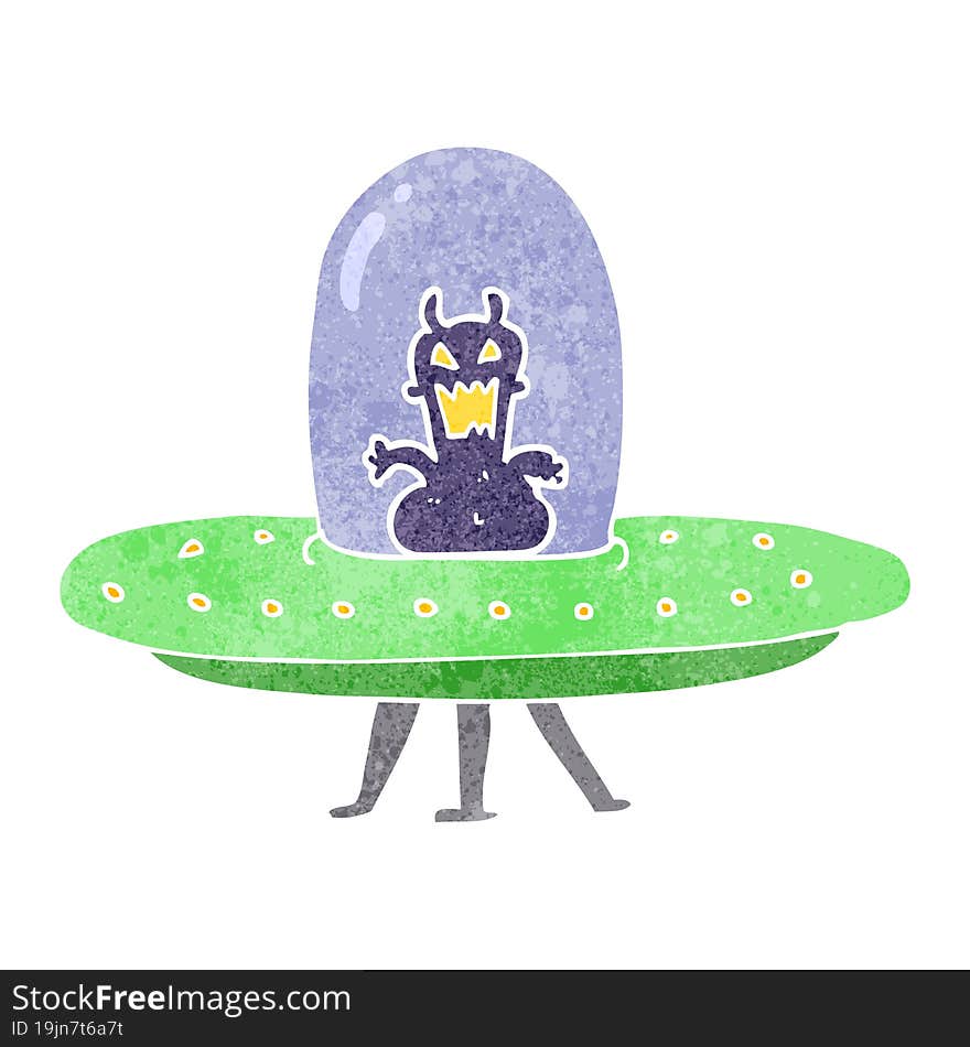 retro cartoon alien in flying saucer