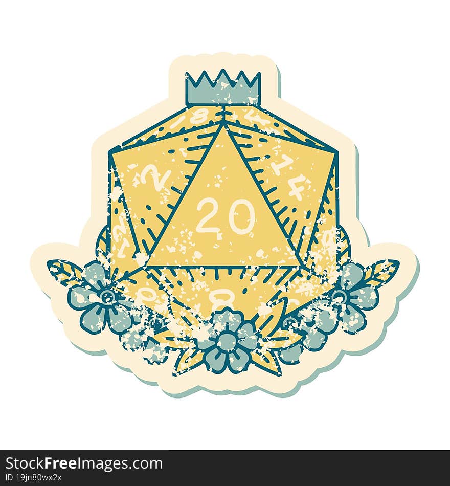 Natural 20 D20 Dice Roll With Floral Elements Illustration