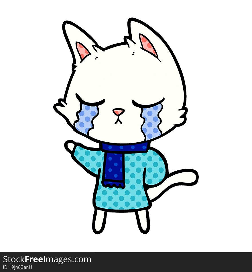 crying cartoon cat wearing winter clothes. crying cartoon cat wearing winter clothes