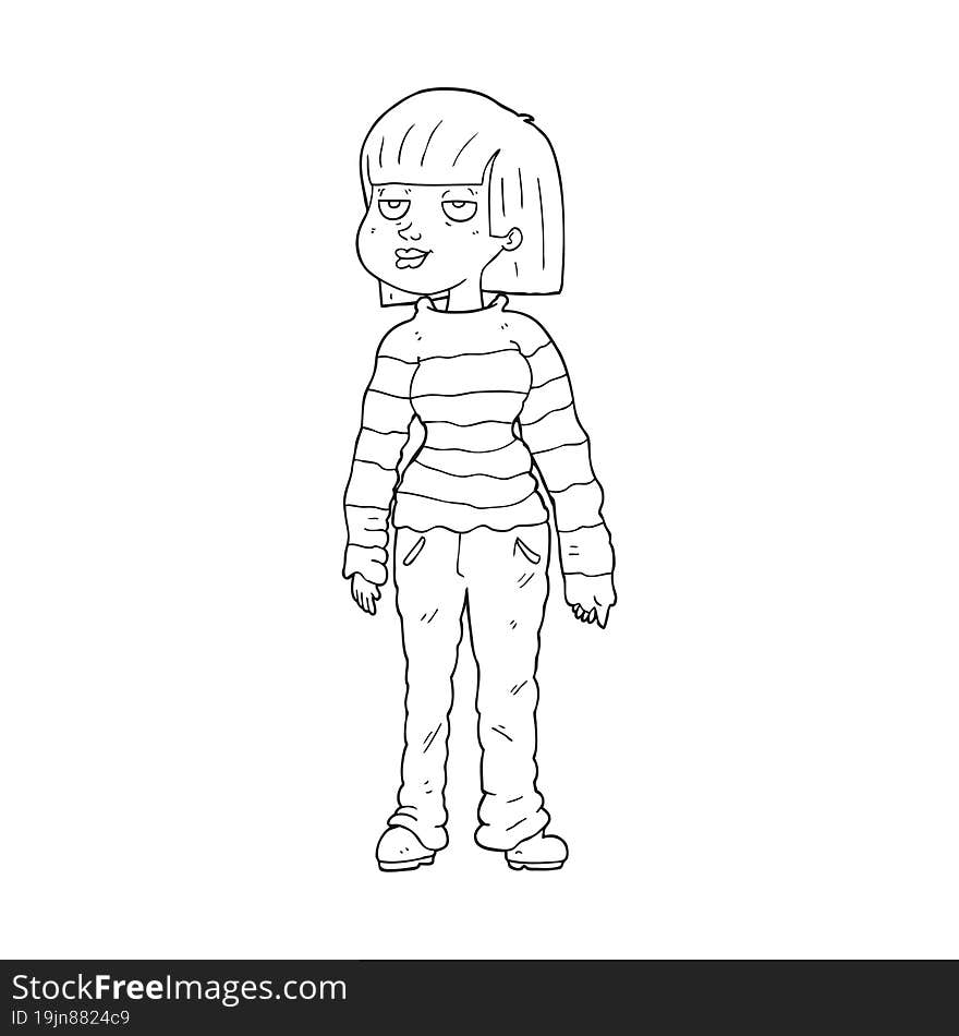 black and white cartoon woman in casual clothes