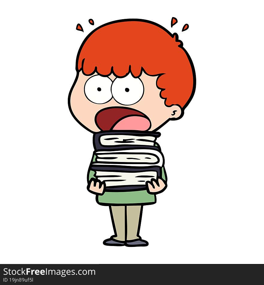 cartoon shocked boy with stack of books. cartoon shocked boy with stack of books