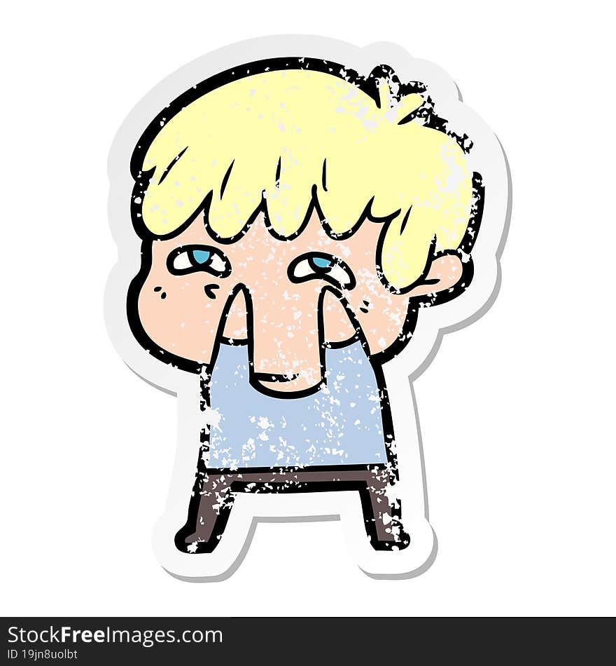 Distressed Sticker Of A Cartoon Curious Man