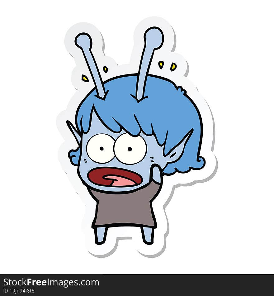 sticker of a cartoon shocked alien girl