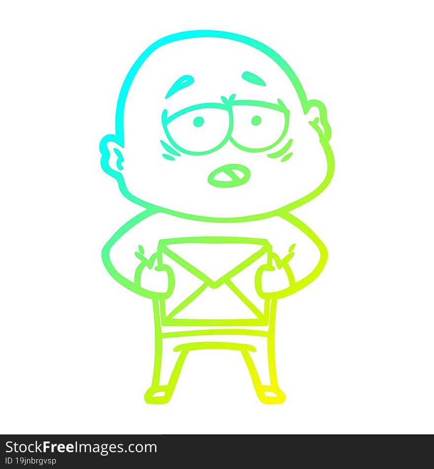 Cold Gradient Line Drawing Cartoon Tired Bald Man