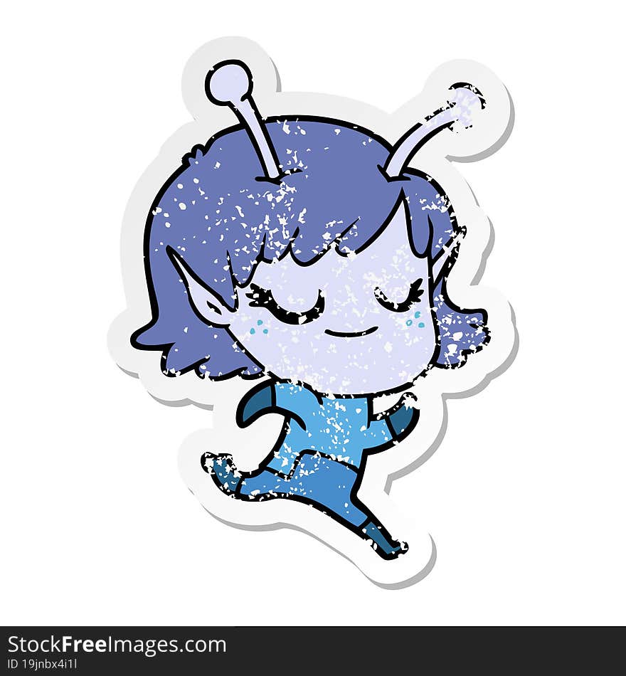 distressed sticker of a smiling alien girl cartoon running