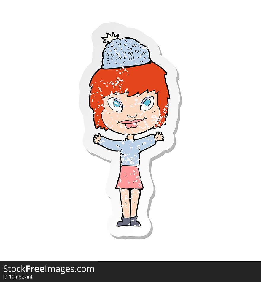 Retro Distressed Sticker Of A Cartoon Woman Wearing Hat