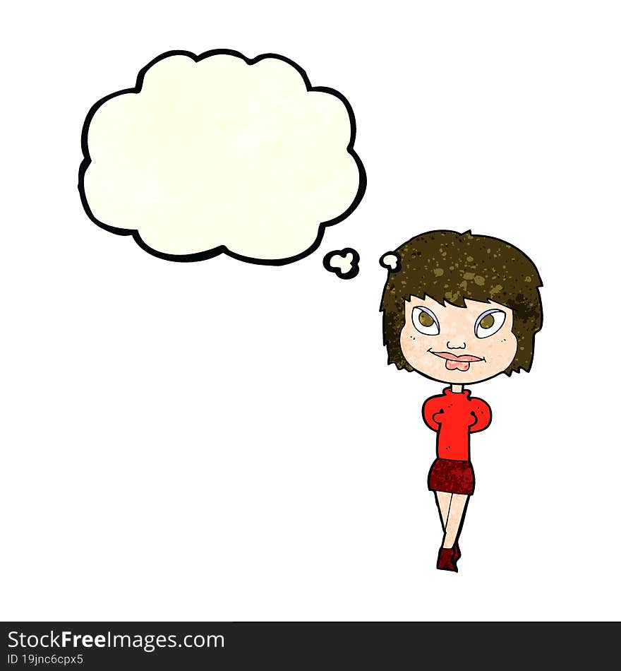 cartoon happy woman with thought bubble