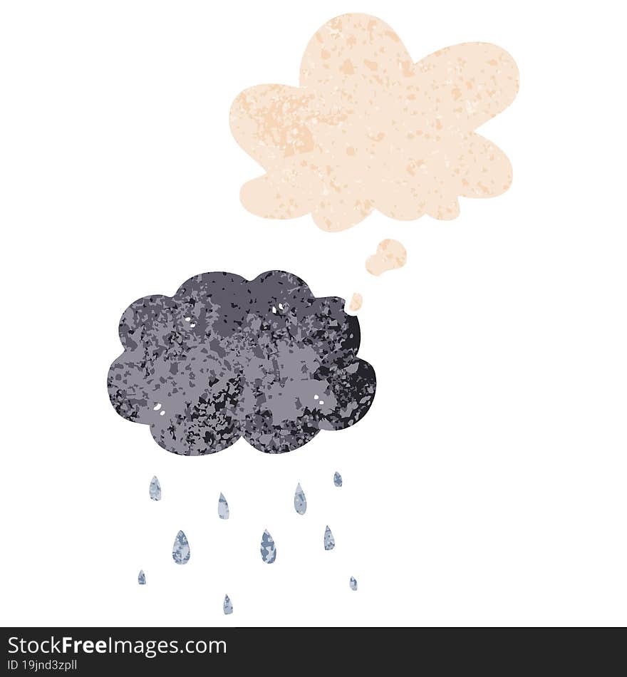 cartoon cloud raining and thought bubble in retro textured style