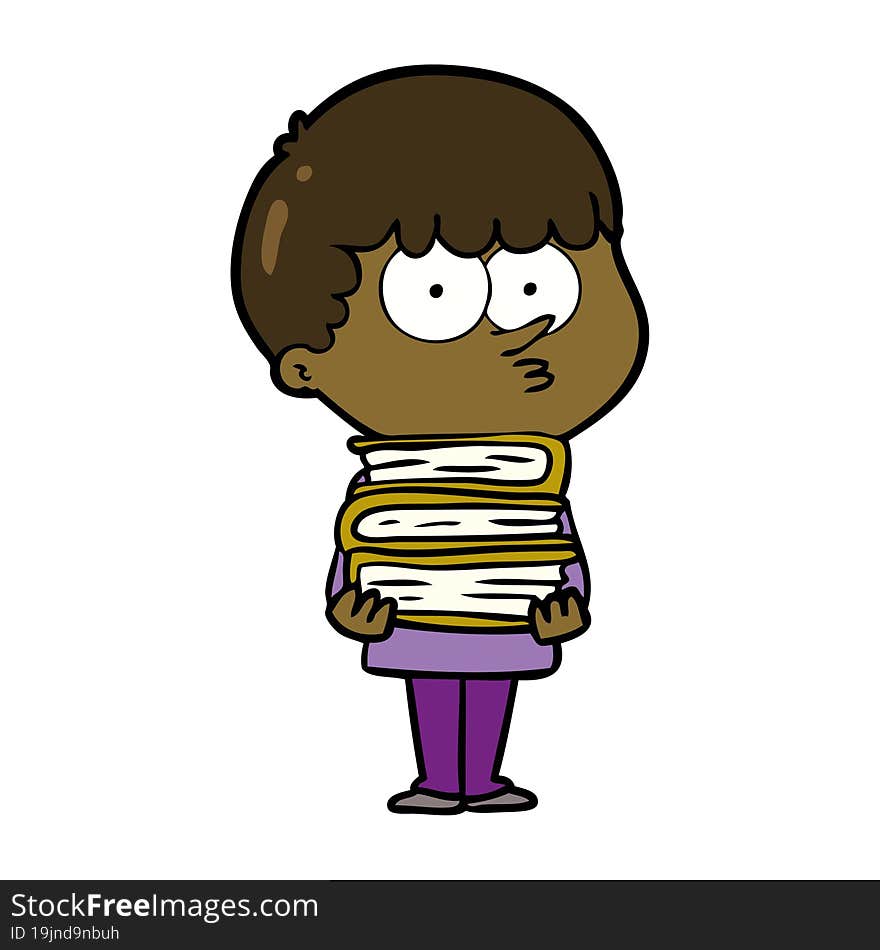 cartoon curious boy with lots of books. cartoon curious boy with lots of books