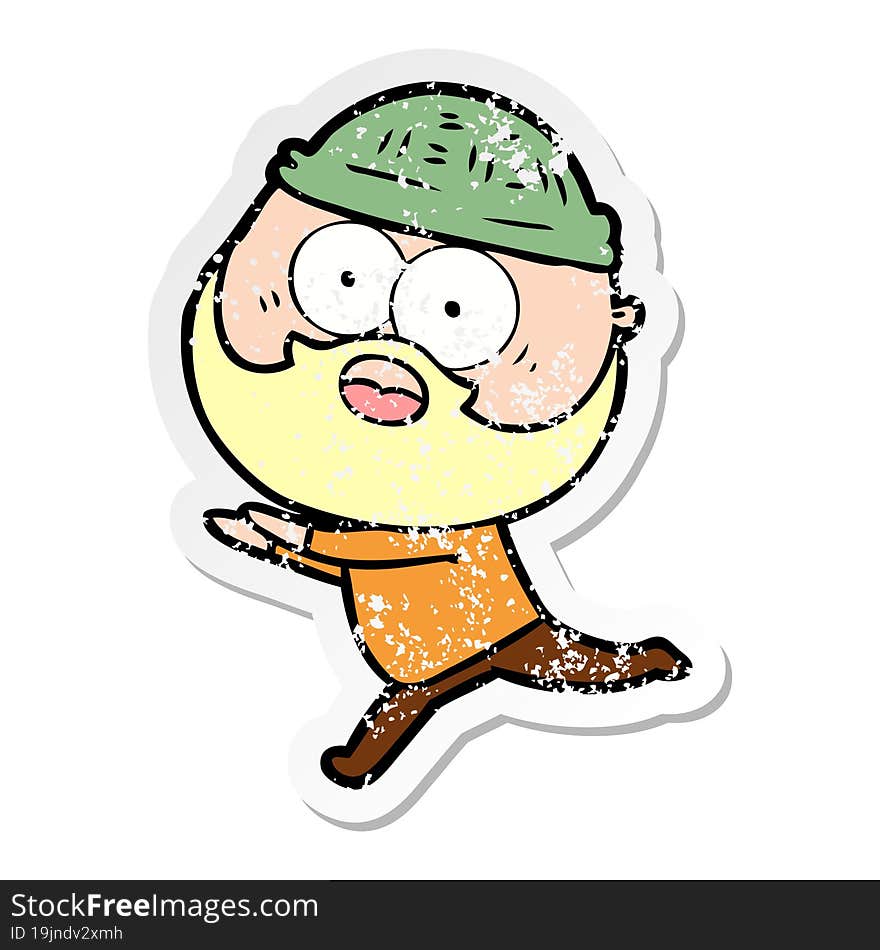 distressed sticker of a cartoon bearded man running away