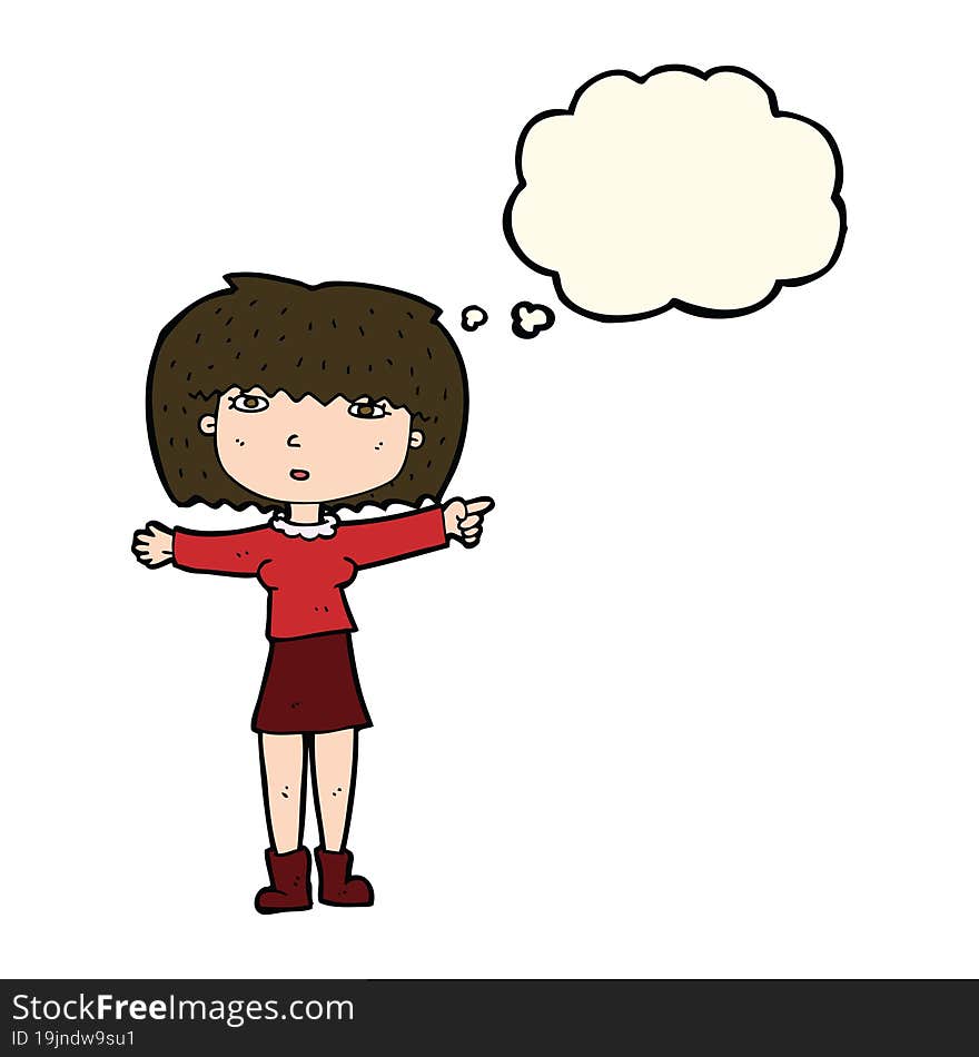 cartoon girl pointing with thought bubble