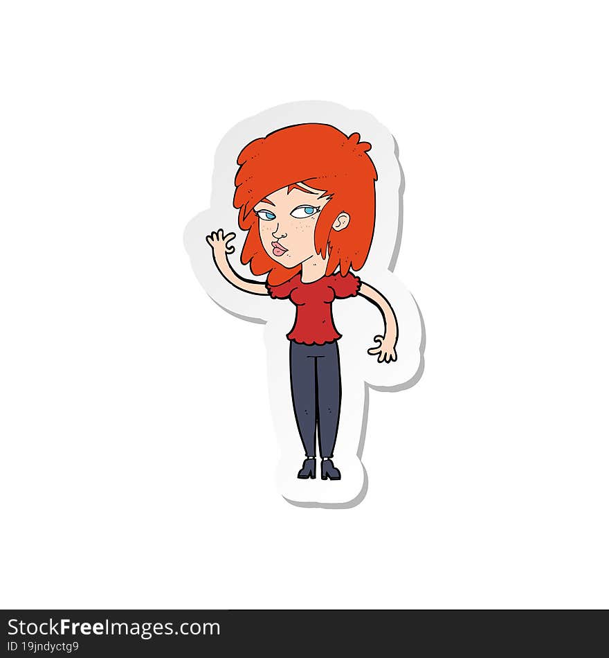 sticker of a cartoon pretty woman waving