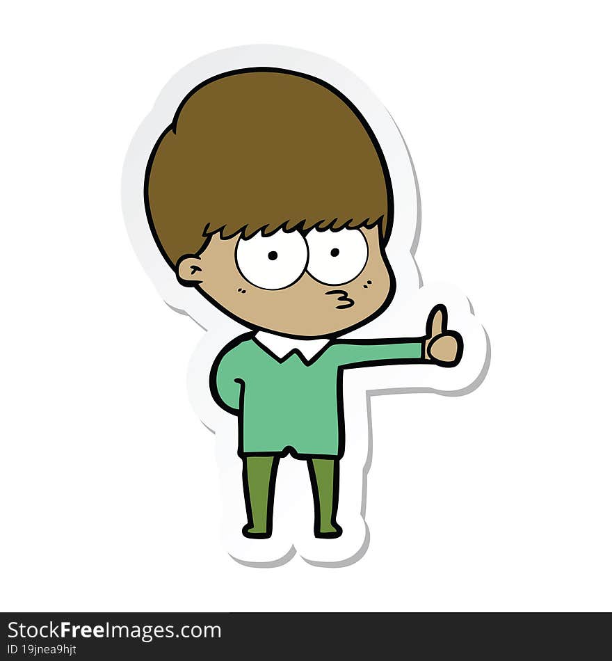 sticker of a curious cartoon boy giving thumbs up sign