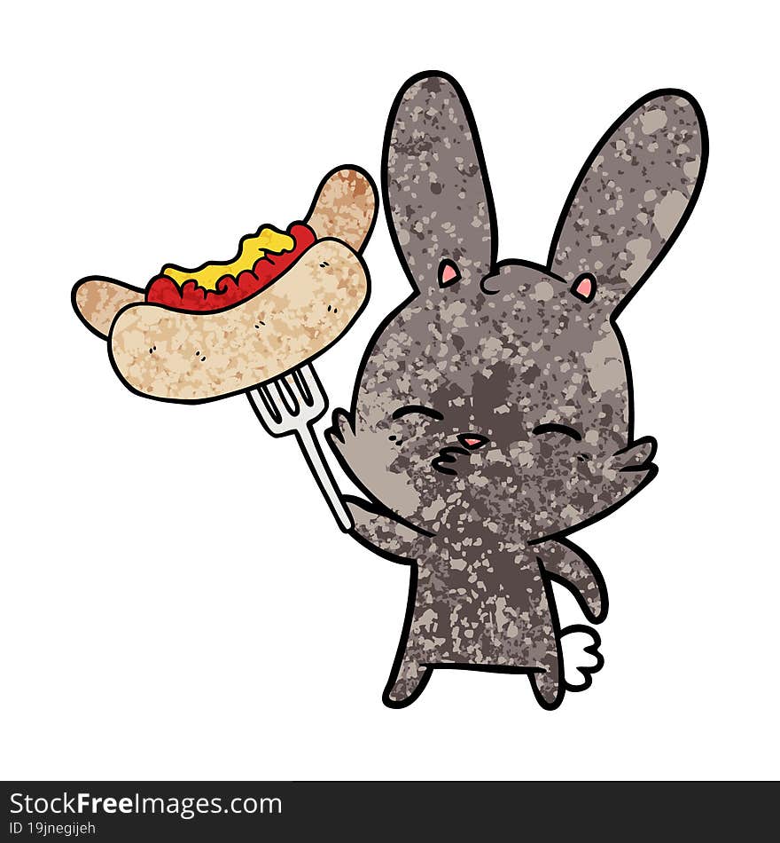 curious bunny cartoon with hotdog. curious bunny cartoon with hotdog