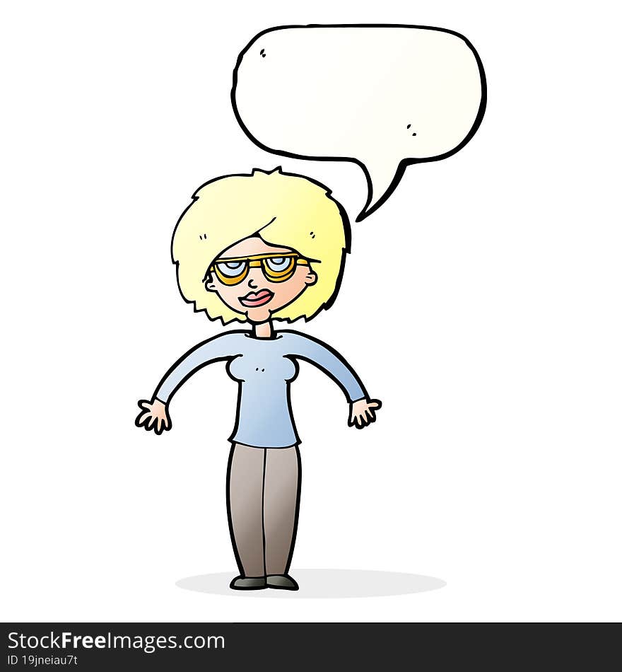 cartoon woman shrugging shoulders with speech bubble