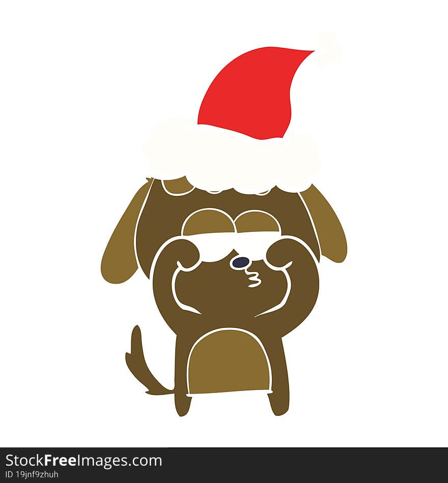 hand drawn flat color illustration of a tired dog wearing santa hat