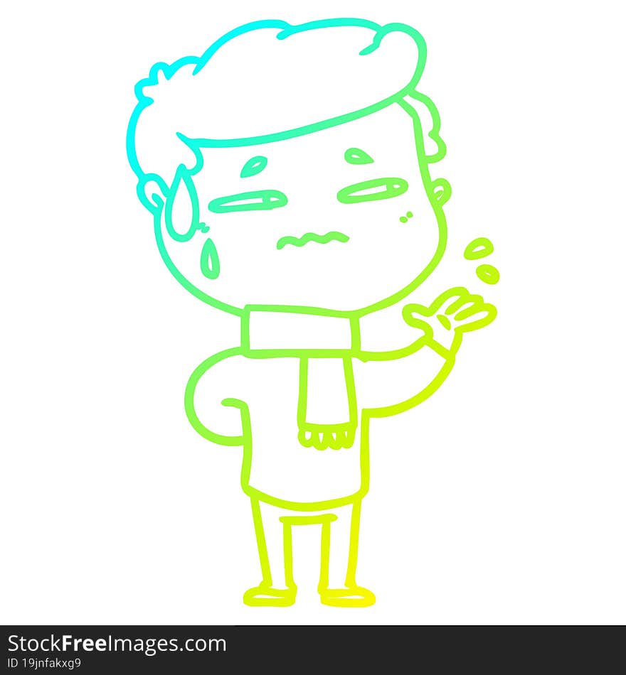 Cold Gradient Line Drawing Cartoon Anxious Man