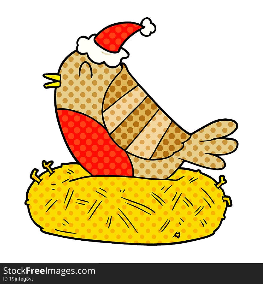 comic book style illustration of a bird sitting on nest wearing santa hat