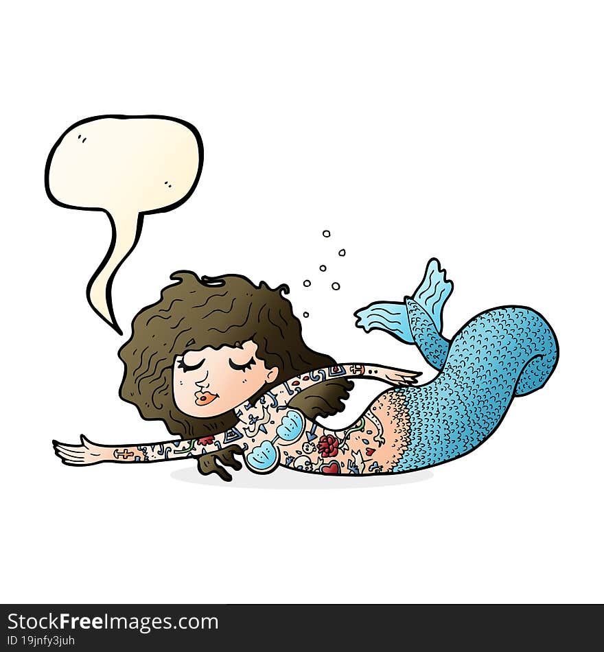 cartoon mermaid covered in tattoos with speech bubble