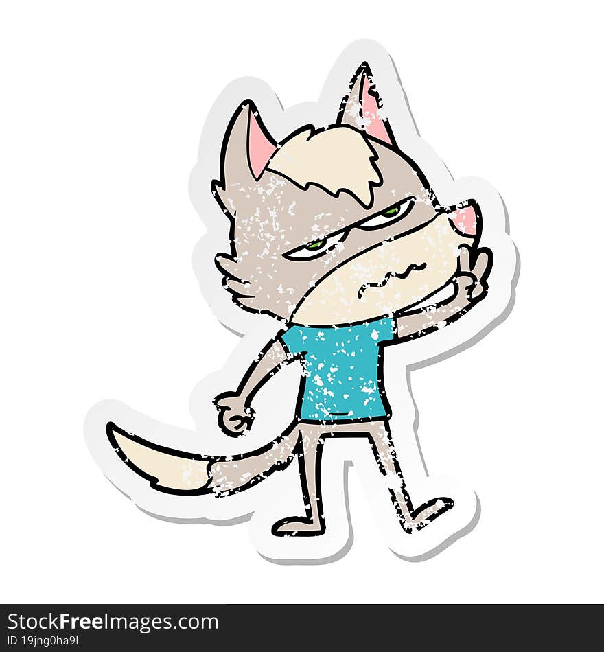 distressed sticker of a cartoon annoyed wolf