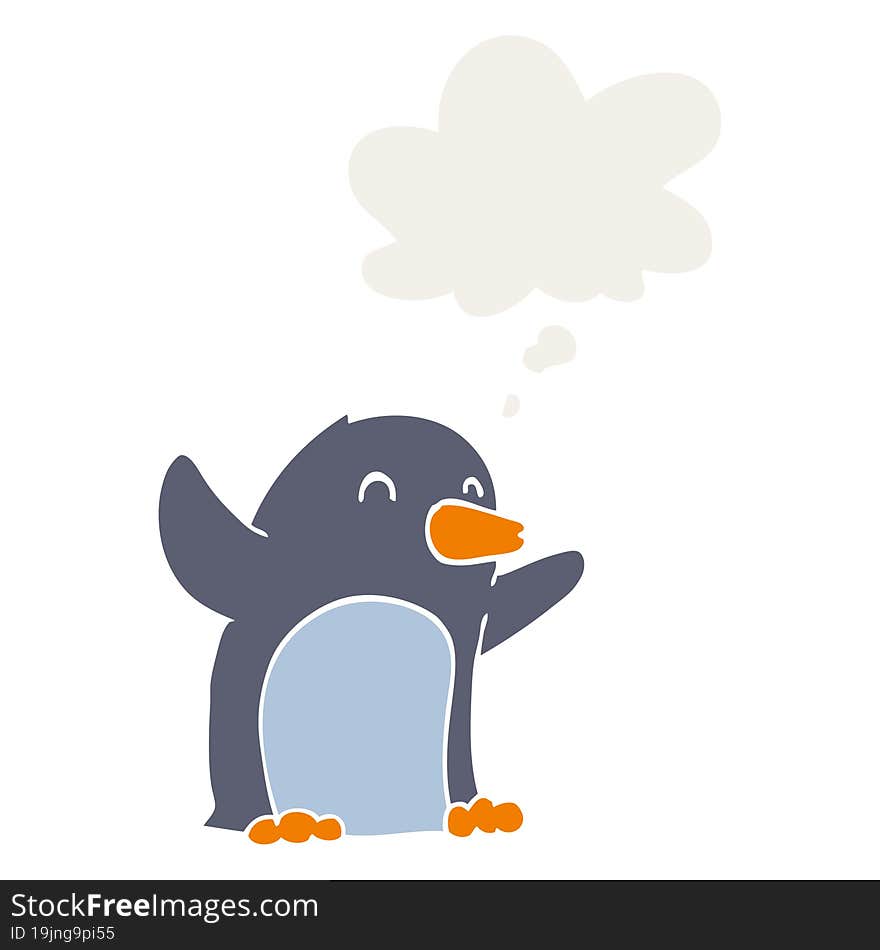 cartoon excited penguin and thought bubble in retro style