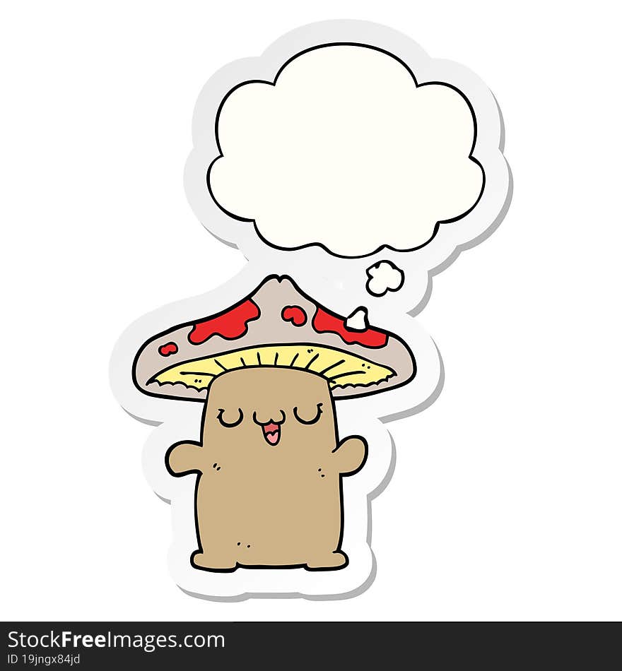 cartoon mushroom creature with thought bubble as a printed sticker