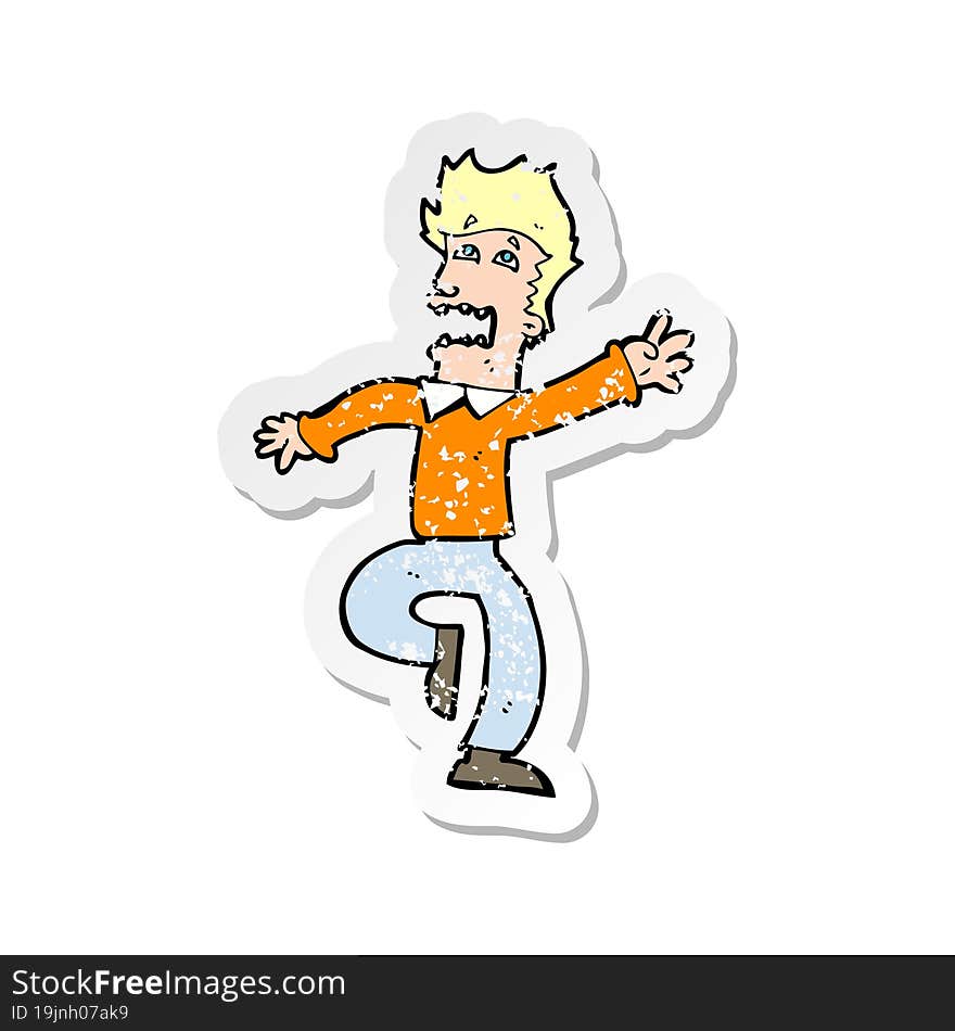 Retro Distressed Sticker Of A Cartoon Man Panicking