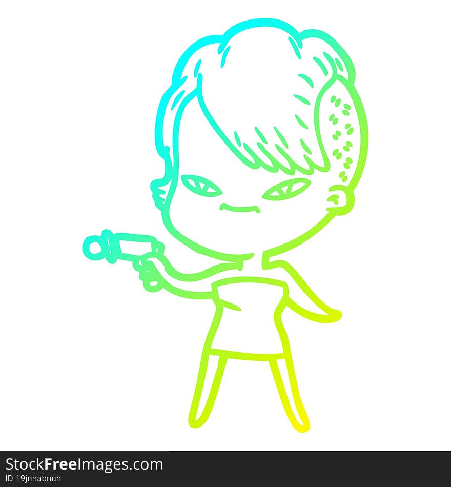 cold gradient line drawing cute cartoon girl with hipster haircut