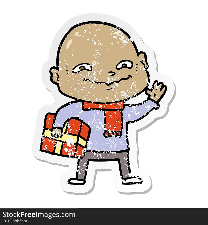 distressed sticker of a cartoon nervous man with xmas present