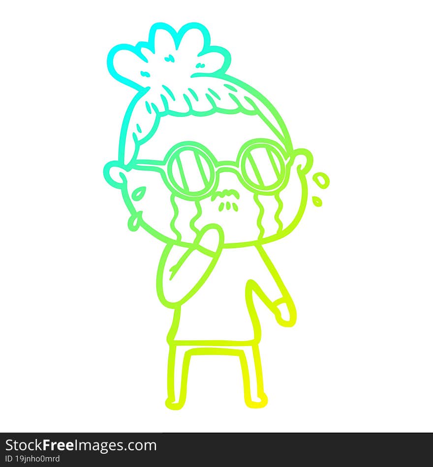 Cold Gradient Line Drawing Cartoon Crying Woman Wearing Spectacles