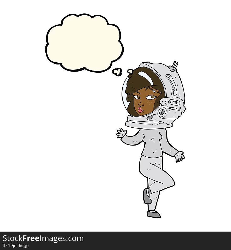 cartoon woman wearing space helmet with thought bubble