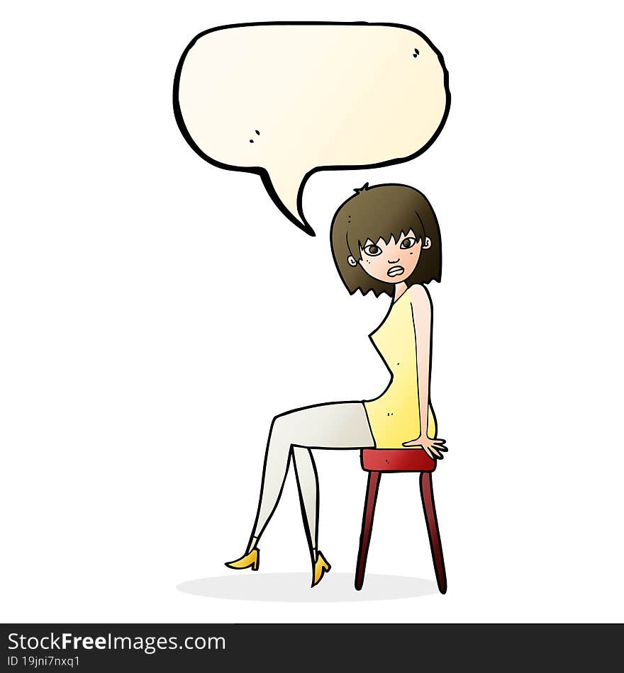 cartoon woman sitting on stool with speech bubble