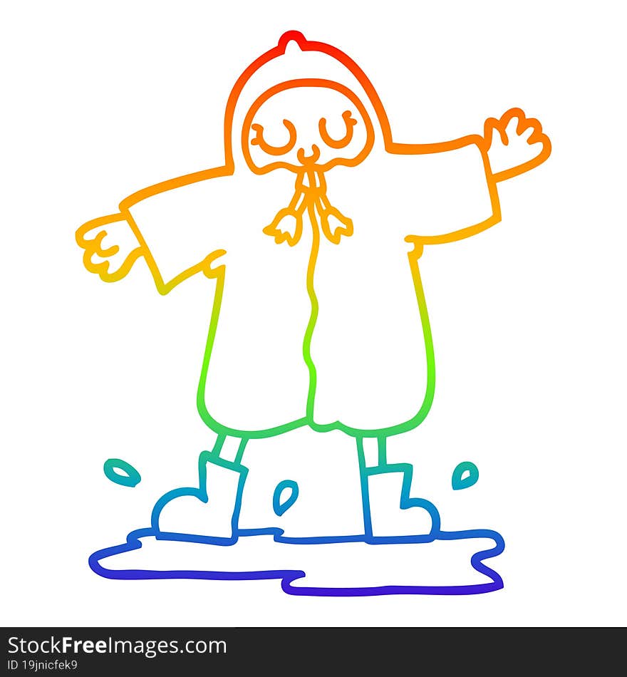 rainbow gradient line drawing cartoon person splashing in puddle wearing rain coat