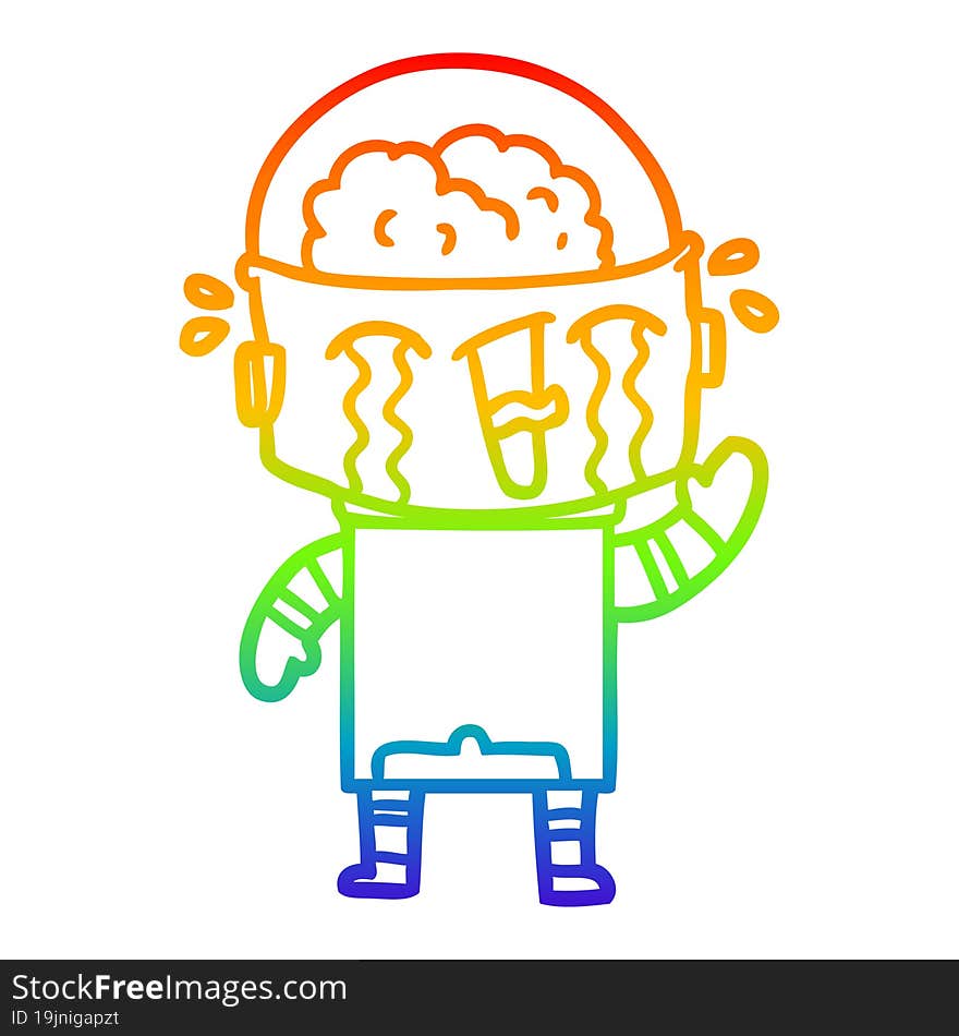 rainbow gradient line drawing cartoon crying robot waving