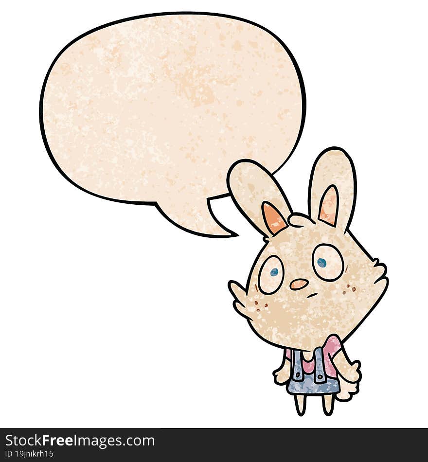 cute cartoon rabbit shrugging shoulders with speech bubble in retro texture style