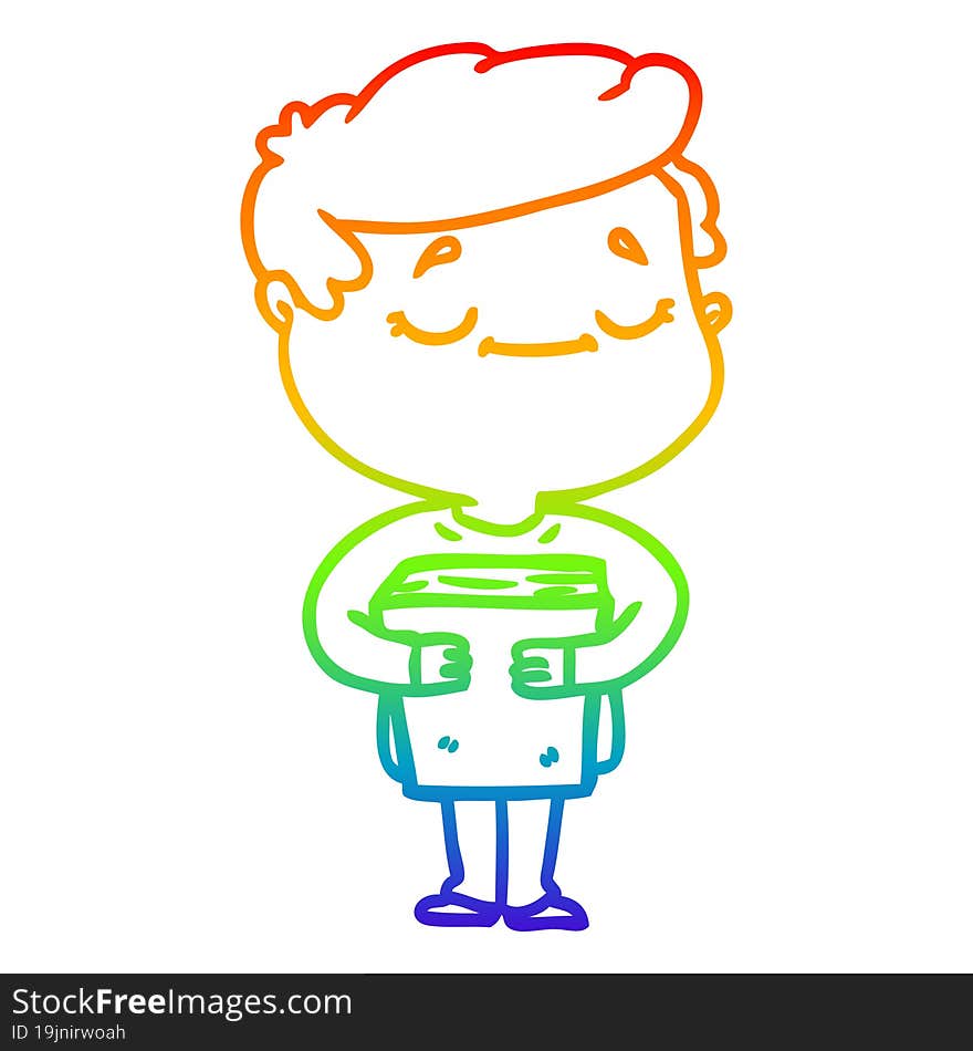 rainbow gradient line drawing of a cartoon peaceful man carrying book