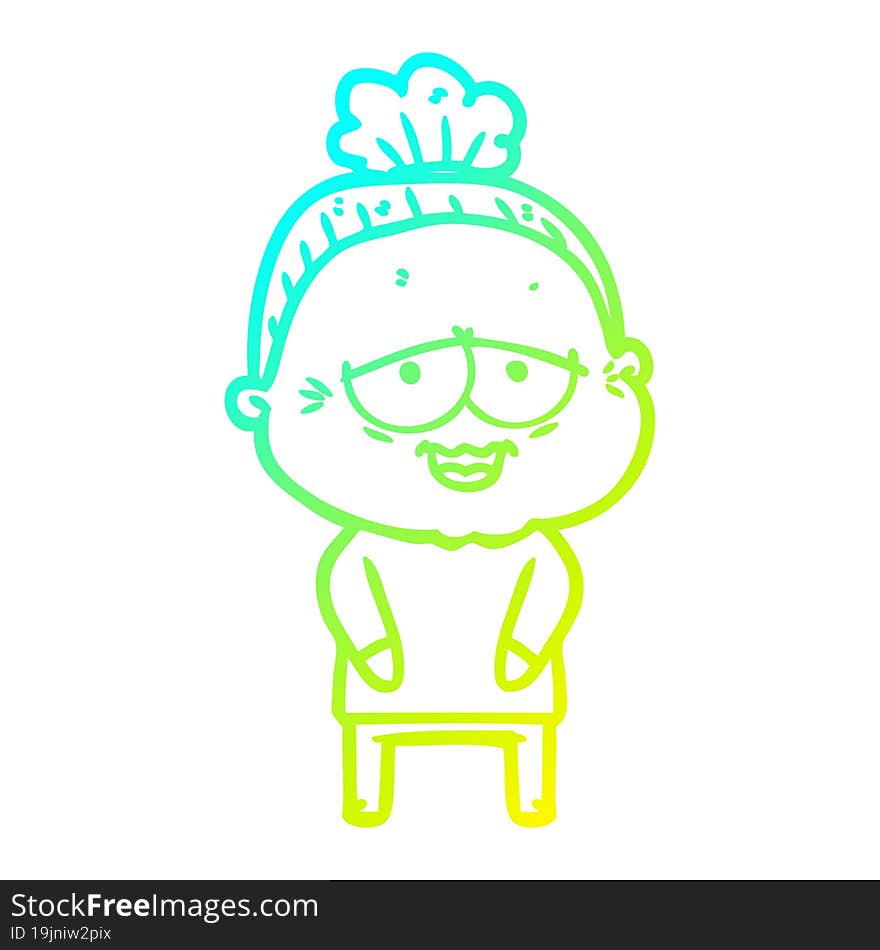 cold gradient line drawing of a cartoon happy old lady