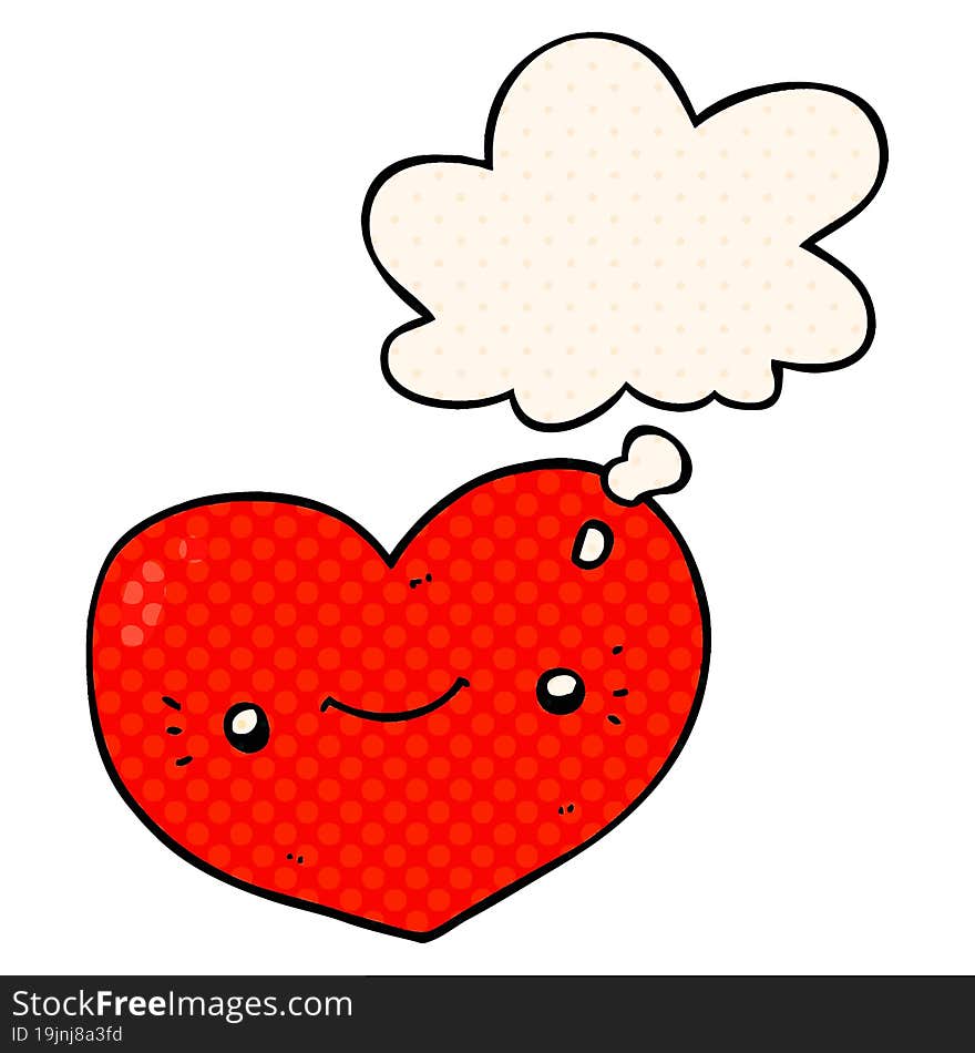 heart cartoon character with thought bubble in comic book style