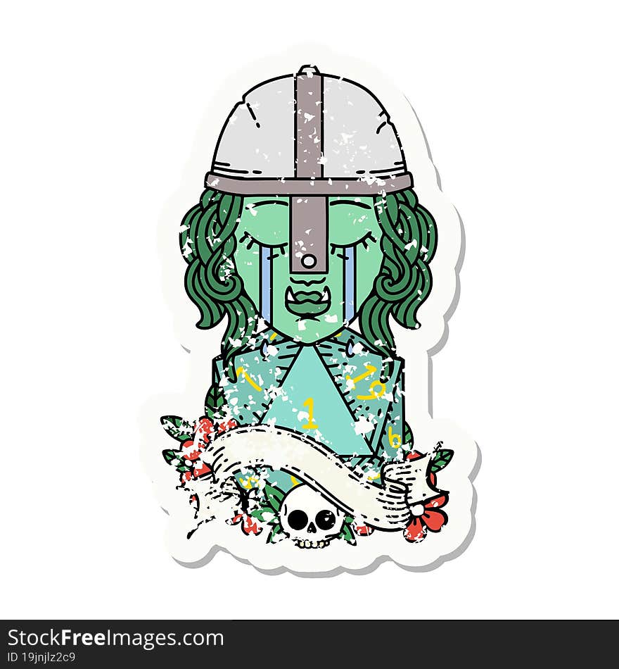 crying orc fighter character face with natural one D20 roll grunge sticker