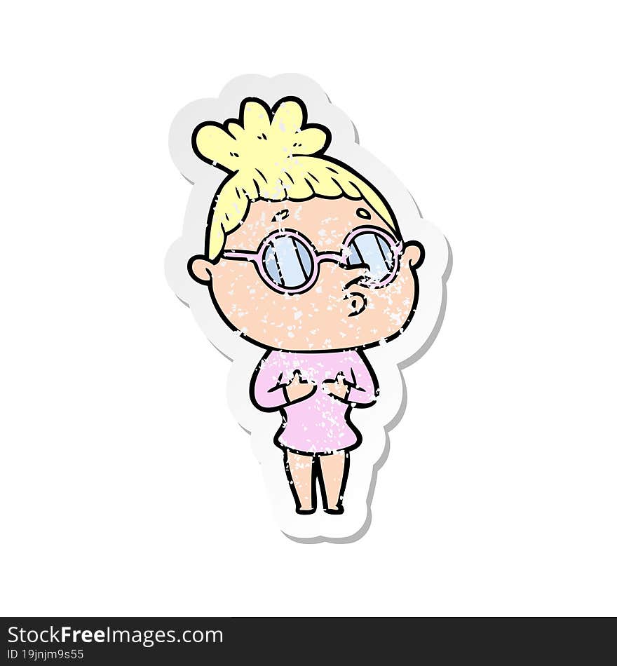 distressed sticker of a cartoon woman wearing glasses