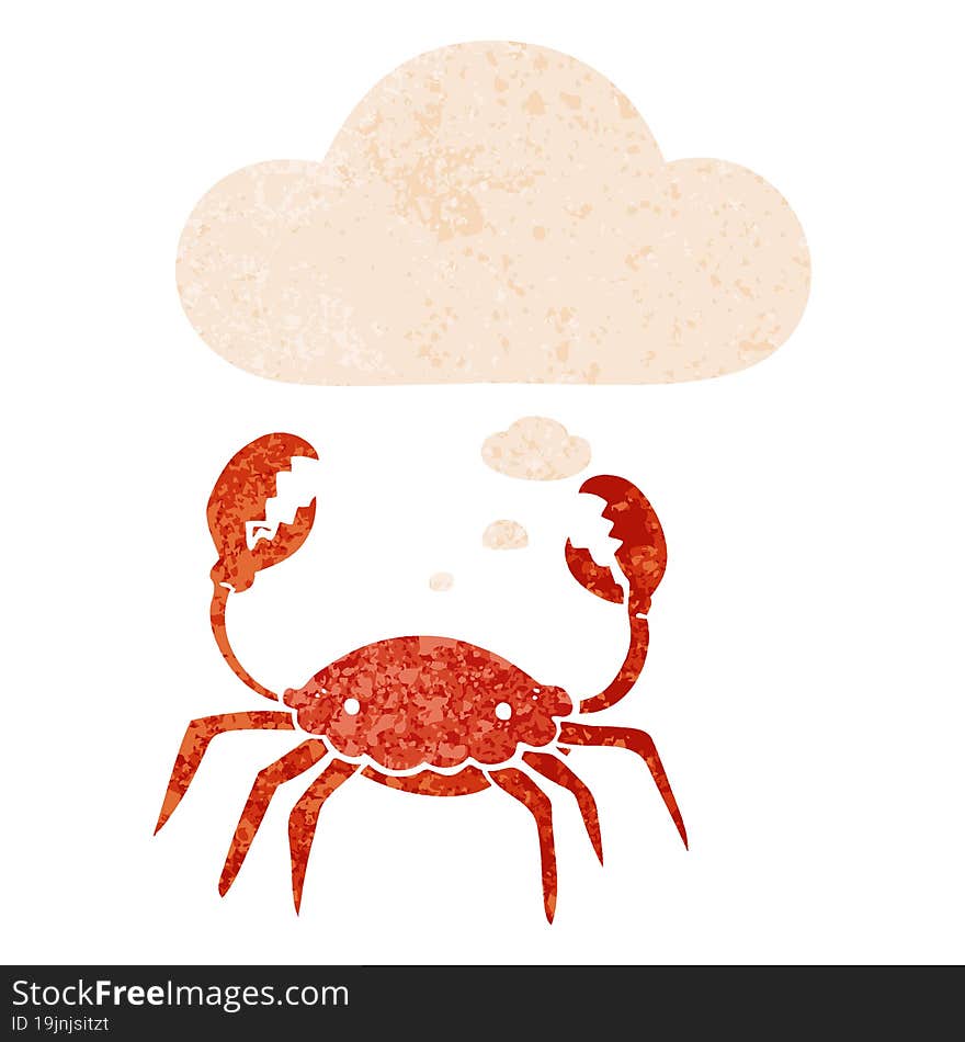 cartoon crab and thought bubble in retro textured style