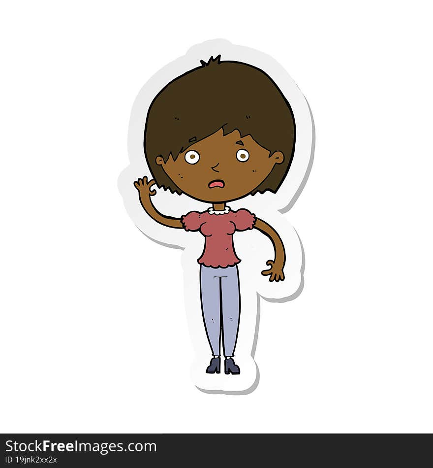 sticker of a cartoon waving woman