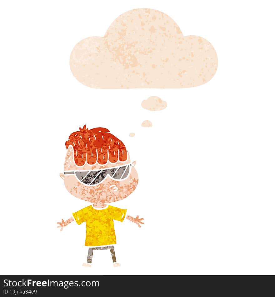 cartoon boy wearing sunglasses and thought bubble in retro textured style