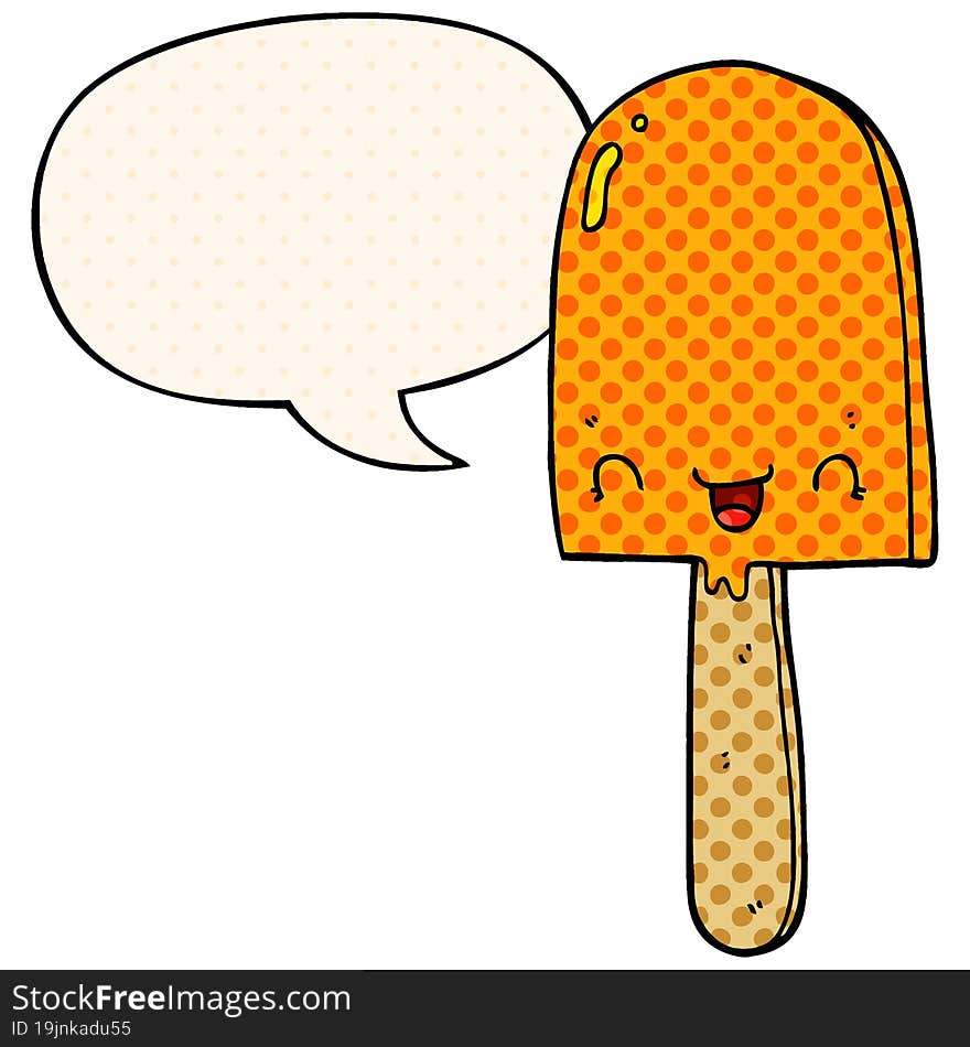 cartoon ice lolly with speech bubble in comic book style